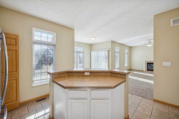 A kitchen with a white countertop and cabinets.