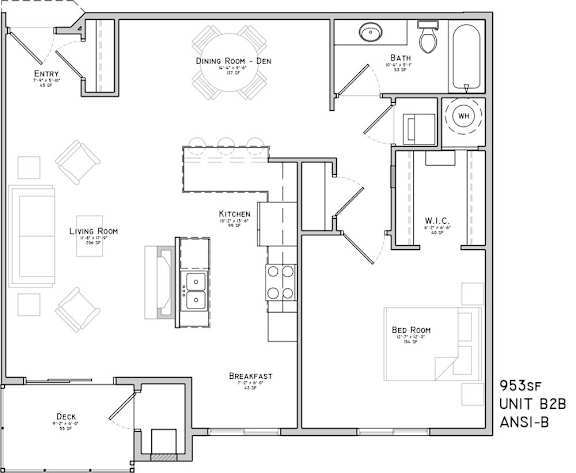 Floor plan of a one bedroom apartment