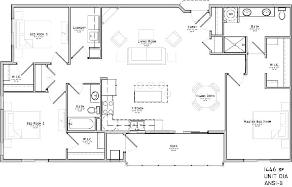 Floor plan of a three bedroom apartment