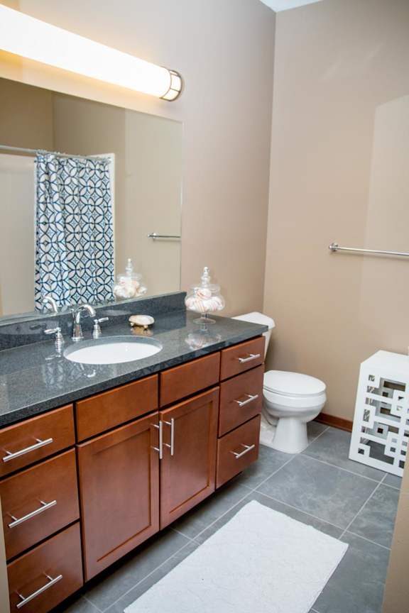A bathroom with a sink, toilet, and a mirror.