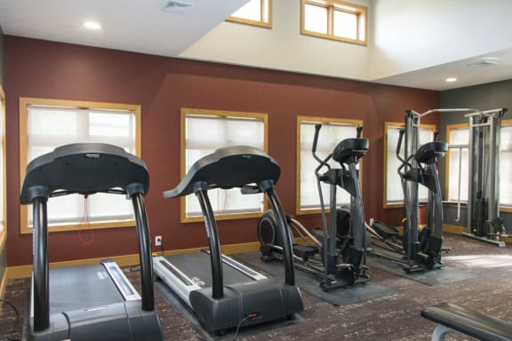 Treadmill and elliptical machines in fitness center at Fountain Glen