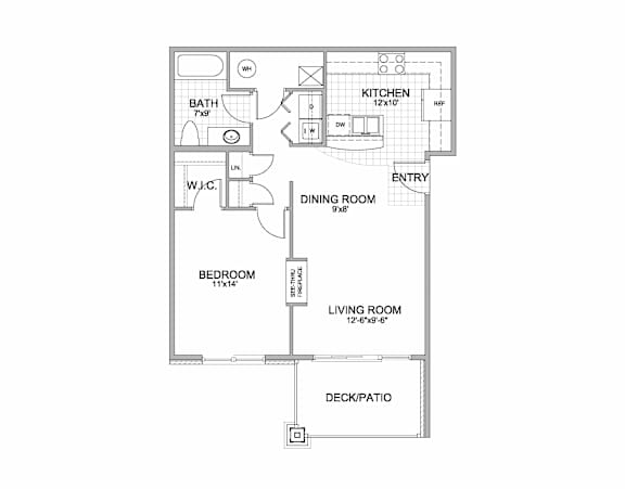 the 1-bedroom Aura flat floorplan at Grand Legacy in West Omaha, NE