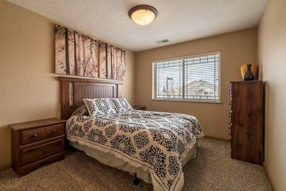 a bedroom with a bed and a window