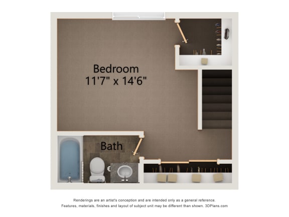 Cedar one bedroom floorplan upper level at highland view apartments
