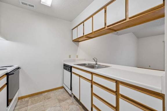 Kitchen counter with a double sink, dishwasher, generous cabinet storage, and an open pass-through to the living area.