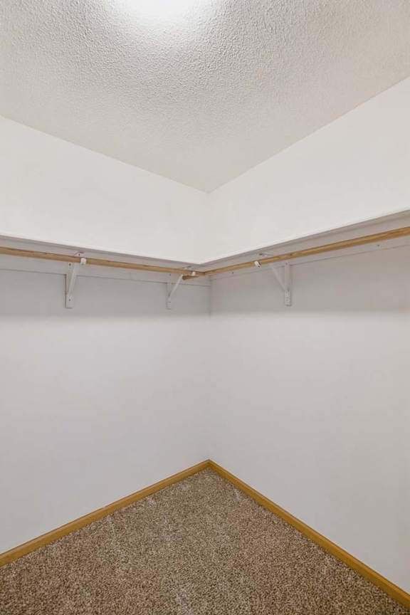 Walk-in apartment closet with wraparound hanging rods, upper shelving, neutral walls, and carpeted flooring for organized storage.