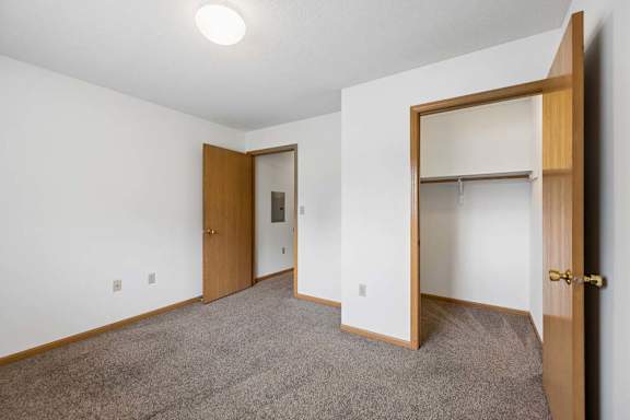 Bright apartment bedroom with carpeted flooring, neutral walls, an open closet with a hanging rod, and a separate walk-in closet for additional storage.