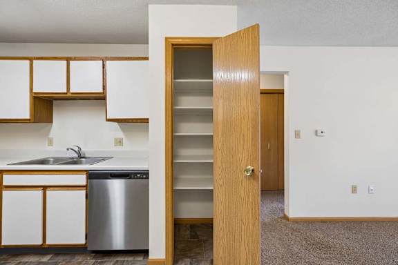 Apartment pantry with built-in shelving and a wood-finish door, located just off the kitchen with white and wood-tone cabinetry and adjacent open living space.