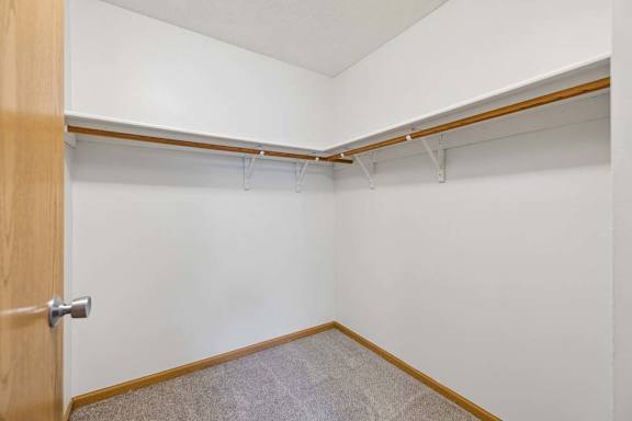 Walk-in closet with wraparound shelving and hanging rods, carpeted flooring, and ample storage space.