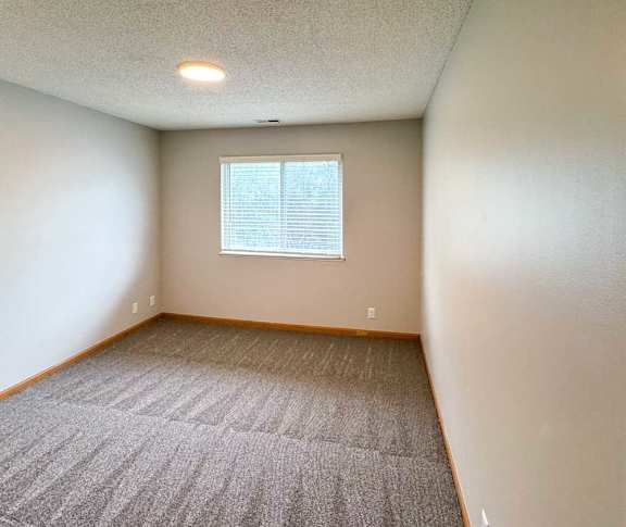 A bedroom with a carpeted floor and a window with blinds.