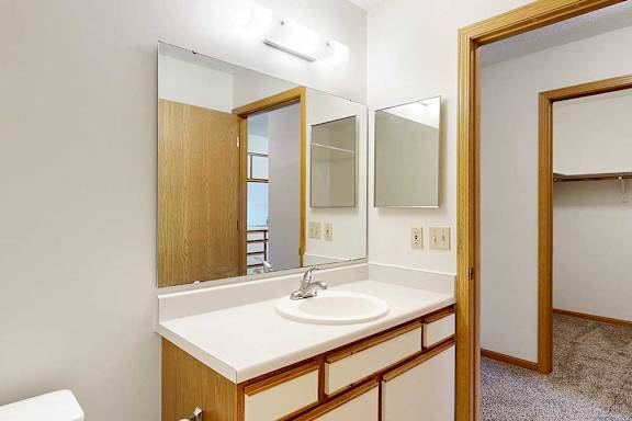 A vanity area with large mirror, single sink, and wood cabinetry