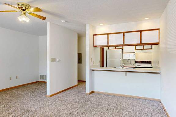 Living area with carpeted floors and view into kitchen