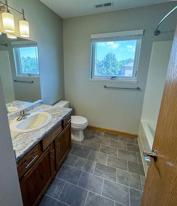 a bathroom with a vanity sink, large mirror, and a window
