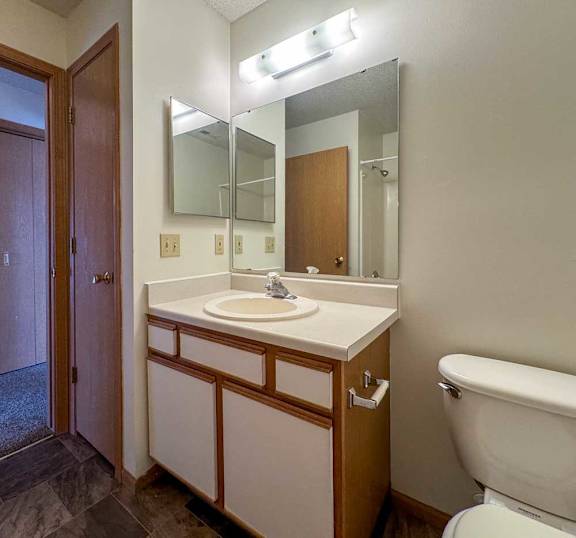 A bathroom with a vanity sink, mirror, medicine cabinet, and overhead lighting.