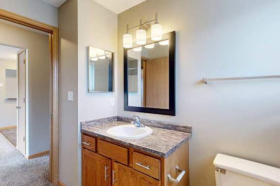 a bathroom with a vanity sink, mirror, medicine cabinet, overhead lighting, and a towel bar