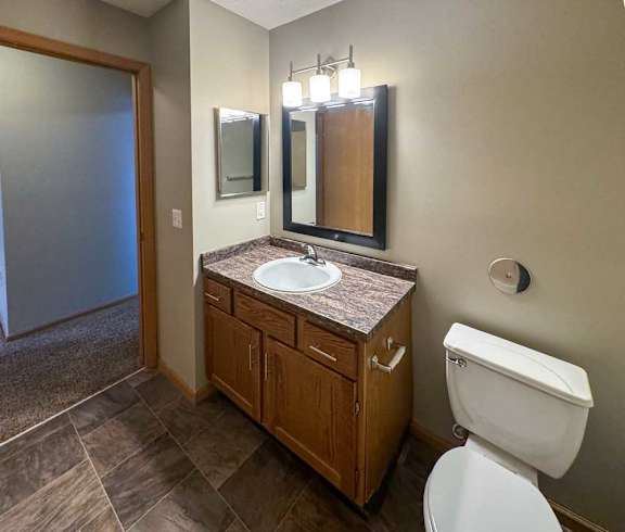 A bathroom with a granite vanity sink, a framed mirror with overhead lighting, and a medicine cabinet.