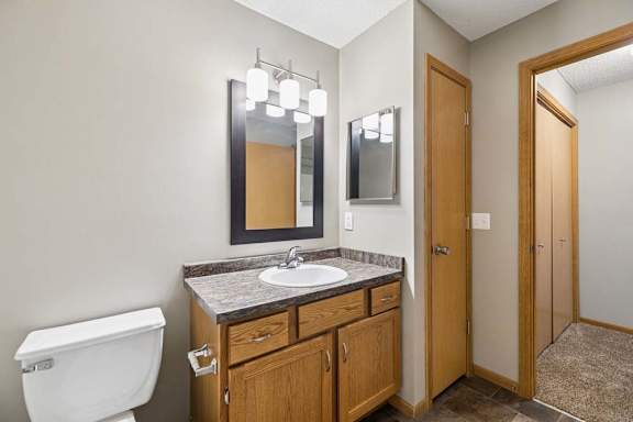 A bathroom with a white toilet, a sink with a marble countertop, a mirror, and wooden cabinets.