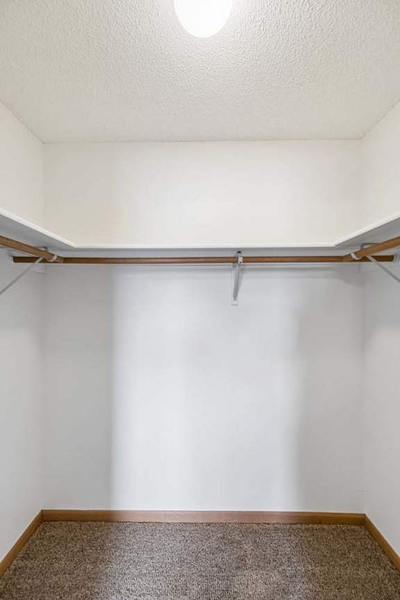 A white wall with a brown carpet and a wooden shelf.