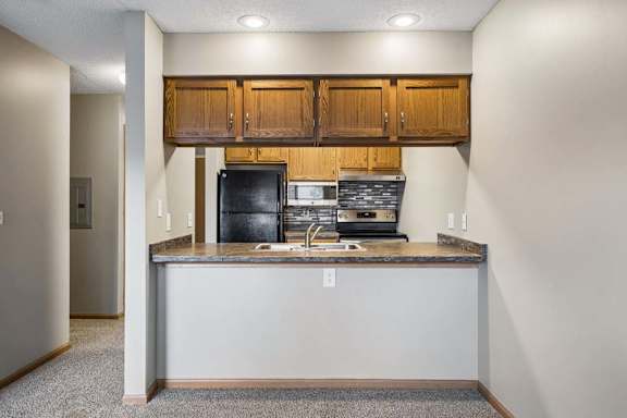 Open apartment kitchen with wood cabinetry, black appliances, a breakfast bar, and a pass-through layout connecting the kitchen to the living area.