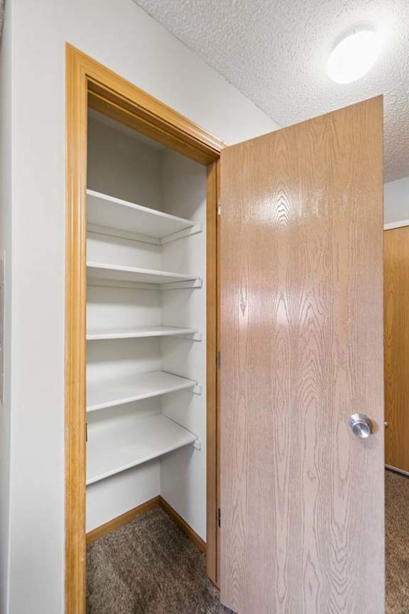 Apartment pantry or storage closet with built-in shelving, a wood-finish door, and convenient storage space located off the main living area.
