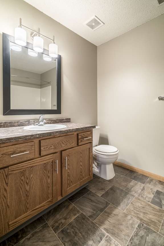 a bathroom with a sink, mirror, and wooden cabinets