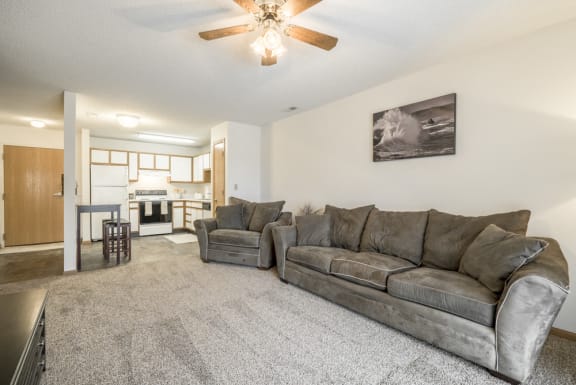 1 bedroom apartment living room with kitchen view
