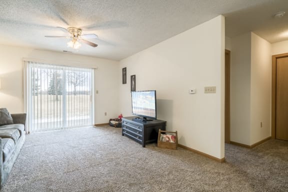 Interiors-Living room in 1-bedroom apartment with walkout patio