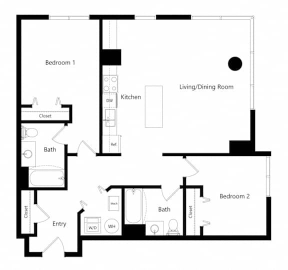 MTC - 2-bed Brooklyn Floor Plan the two-bedroom Brooklyn floor plan at Midtown Crossing Apartments in Omaha, NE
