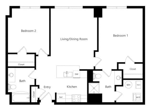 MTC - 2-bed Houston Floor Plan the two-bedroom Houston floor plan at Midtown Crossing Apartments in Omaha, NE