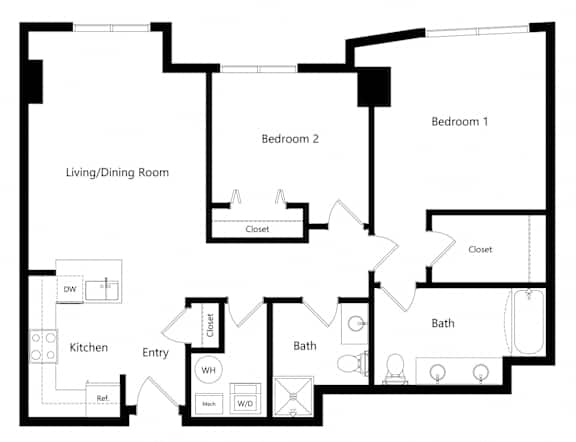 MTC - 2-bed Jacksonville Floor Plan the two-bedroom Jacksonville floor plan at Midtown Crossing Apartments in Omaha, NE