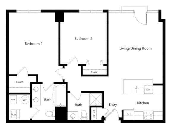 MTC - 2-bed Manhattan Floor Plan the two-bedroom Manhattan floor plan at Midtown Crossing Apartments in Omaha, NE