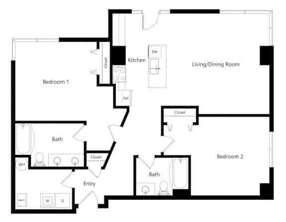 the two-bedroom Memphis floor plan at Midtown Crossing Apartments in Omaha, NE