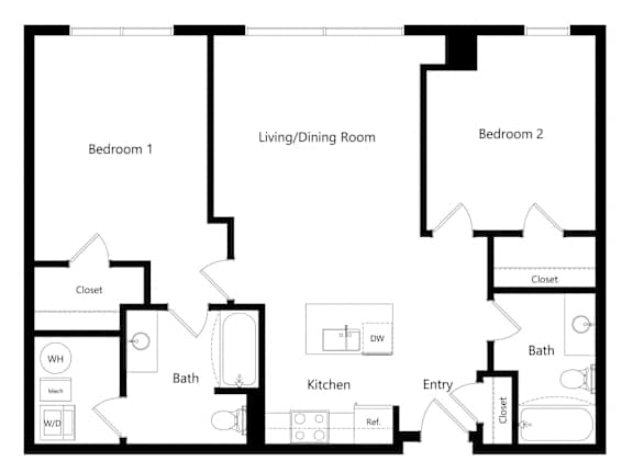 MTC - 2-bed Portland Floor Plan the two-bedroom Portland floor plan at Midtown Crossing Apartments in Omaha, NE