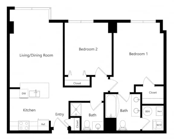 MTC - 2-bed San Diego Floor Plan the two-bedroom San Diego floor plan at Midtown Crossing Apartments in Omaha, NE