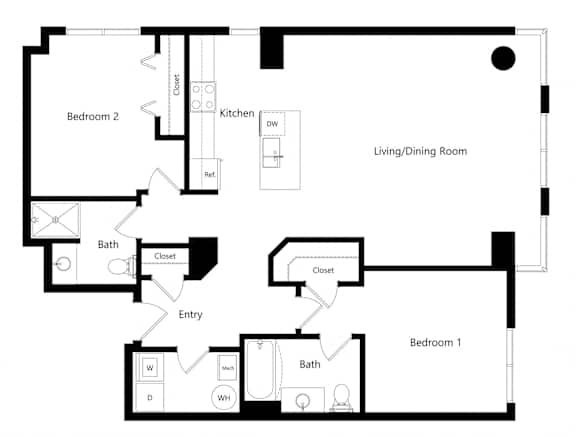 MTC - 2-bed Seattle Floor Plan the two-bedroom Seattle floor plan at Midtown Crossing Apartments in Omaha, NE