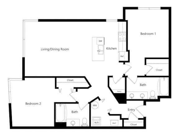 the two-bedroom Tucson floor plan at Midtown Crossing Apartments in Omaha, NE
