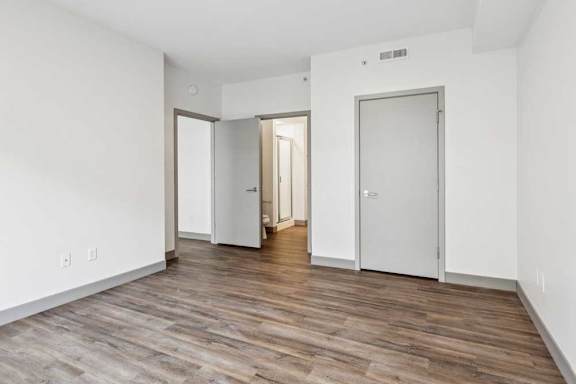 A bedroom with hardwood-style flooring, a walk-in closet, and an attached bathroom.
