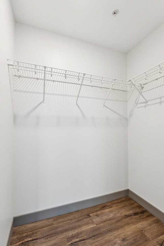 A walk-in closet with built-in shelves and hardwood-style flooring.