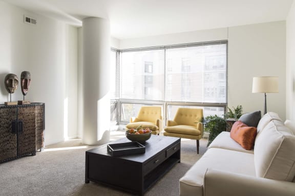 fully furnished designer interior living room with natural light provided by the large windows