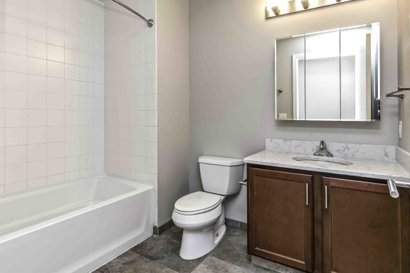 Bathroom with vanity and sink, mirrored medicine cabinet, and tub with tiled surround