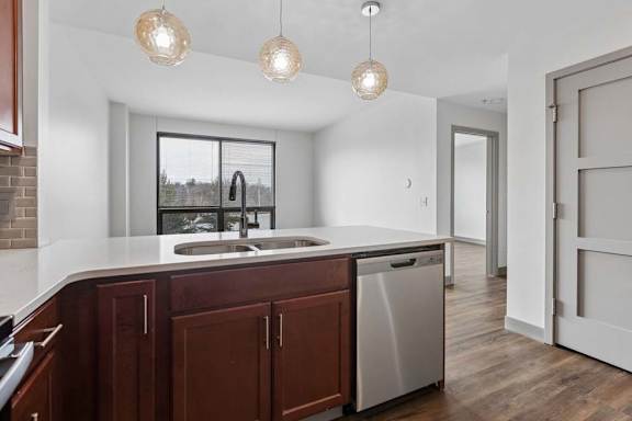 A kitchen with brown cabinets and a stainless steel dishwasher.