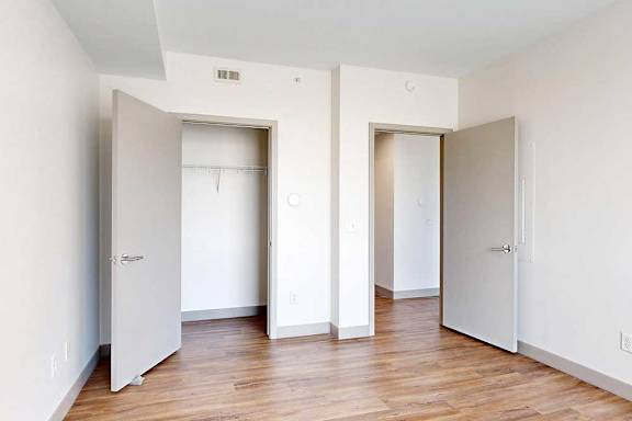 A bedroom with hardwood-style flooring, a wide walk-in closet, and a door open to the hallway.