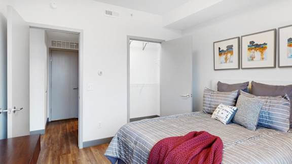 A bedroom with a bed, pillows, and large walk-in closet