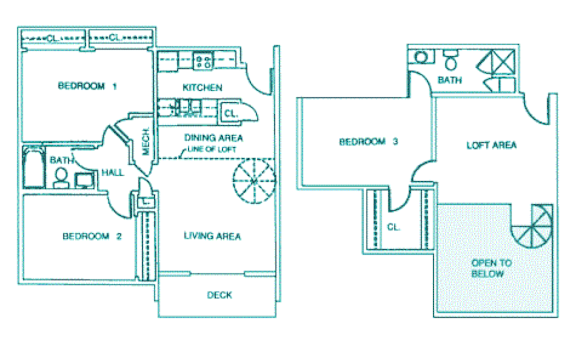 a 3-bedroom, 2 bathroom Montello loft-style floor plan at Packard House apartments in Lincoln, NE