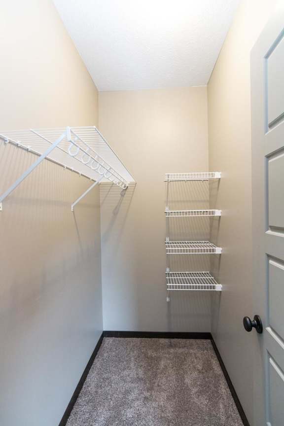 A walk-in closet with a dray door and shelving.