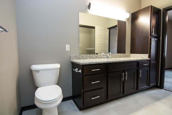 A bathroom with a white toilet and a marble counter top.
