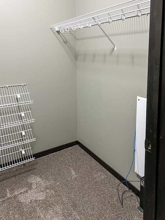 a walk0in closet with built-in shelving and hanging space