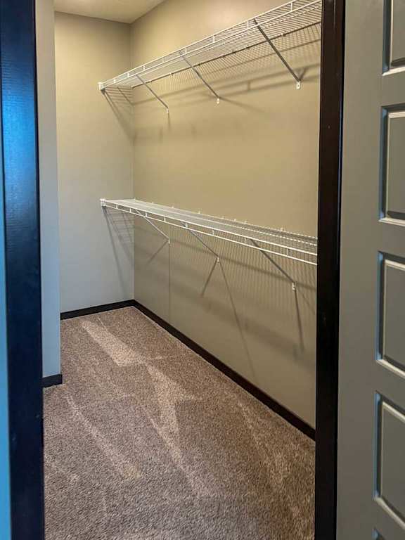 a walk-in closet with built-in shelving and hanging space