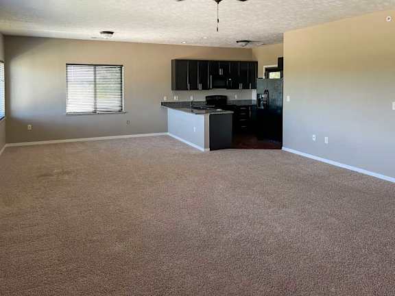 a living room with carpeted flooring, several windows, a ceiling fan, with the kitchen in the back