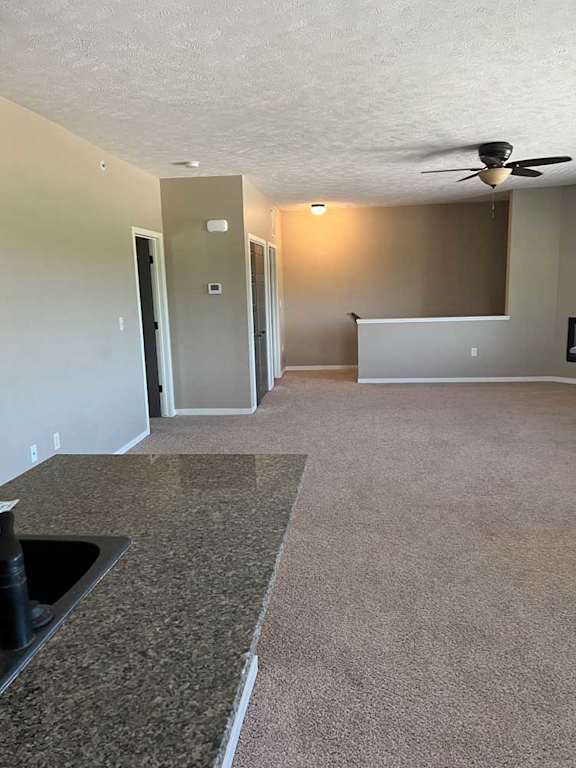 a living room with carpeted flooring, a coat closet, a ceiling fan, stairs to the entryway, and a fireplace